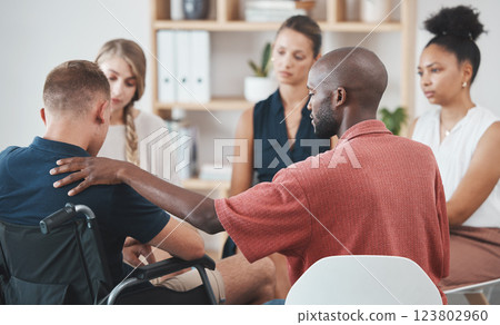 Group counseling, mental health therapy and anxiety wellness conversation for problem of a disabled man. Community support, empathy and compassion for employee burnout or stress in a business office Group counseling, mental health therapy and anxiety wellness conversation for problem of a disabled man. Community support, empathy and compassion for employee burnout or stress in a business office 123802960