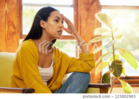 Sad, depressed and thinking woman with mental health problems and anxiety in home. Latino female in depression, stress and fear feeling frustrated, mistake and tired of life living alone in a house 123802963