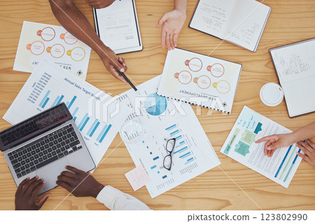 Planning, marketing and business hands with documents for finance report, seo analytics and chart graph analysis. Team collaboration, strategy meeting and profit, budget and sticky note idea planner 123802990
