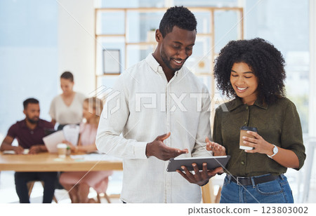 Productivity, teamwork and business people with tablet for collaboration, communication and online marketing agency planning. Office black people, digital technology and website information strategy 123803002