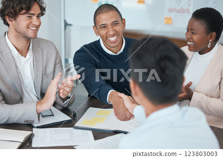 Meeting, team and handshake with smile in deal, agreement or contract for business, finance or work. Partnership, teamwork and happy in office, group and strategy with planning, collaboration and job Meeting, team and handshake with smile in deal, agreement or contract for business, finance or work. Partnership, teamwork and happy in office, group and strategy with planning, collaboration and job 123803003