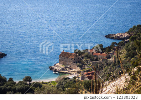 Aerial photo of Vrboska, isal of Hvar, Croatia. European luxury tourism concept Aerial photo of Vrboska, isal of Hvar, Croatia. European luxury tourism concept 123803028