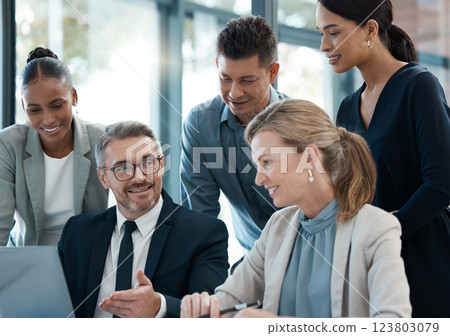 Business people, laptop and team collaboration at the office for planning, strategy and sharing ideas. Group of employee workers in teamwork for marketing plan working together on computer at work 123803079