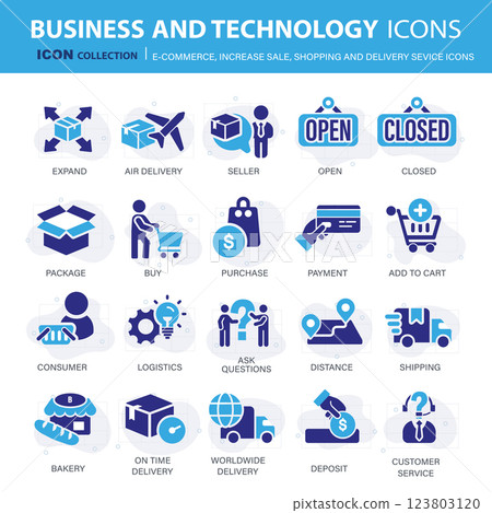 E-commerce, increase sale, on line shopping and digital finances icon collection. Flat vector illustration 123803120