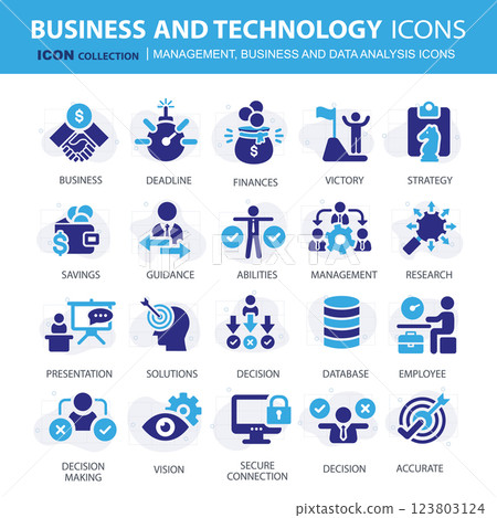 Business, data analysis, organization management and technology icon set. Teamwork, strategy, planning, marketing, cloud technology, data analysis, employee icon set. Icons vector collection 123803124
