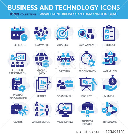 Business, data analysis, organization management and technology icon set. Teamwork, strategy, planning, marketing, cloud technology, data analysis, employee icon set. Icons vector collection 123803131