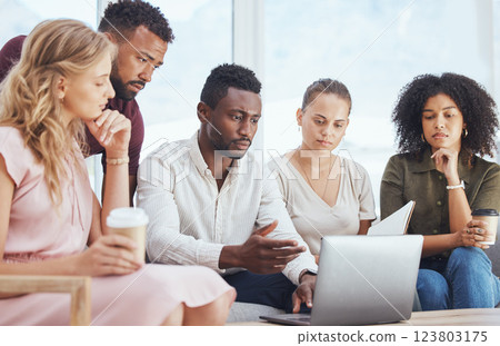 Teamwork, strategy and business people on laptop working together in meeting. Collaboration, planning and communication of office group brainstorming, ideas and innovation with computer, pc or tech. 123803175