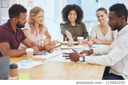 Team, meeting and business in planning, strategy and vision of company in marketing. Group, working and teamwork in diversity with documents, report and paper for growth, goal and idea at startup 123803203