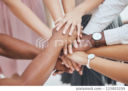 Collaboration, diversity and support hands of people come together for teamwork, goal motivation and community. Partnership, solidarity and business employee cooperation for startup company success 123803209