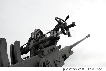 Gray Large-Caliber Ship Gun Isolated On White Gray Large-Caliber Ship Gun Isolated On White 123803220