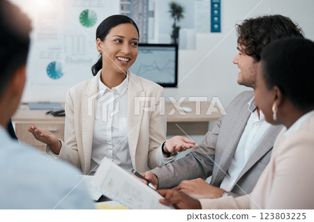 Meeting, business and team with woman, manager and staff in discussion on marketing, finance or planning for company. Teamwork, future and strategy in office for collaboration, contract or vision Meeting, business and team with woman, manager and staff in discussion on marketing, finance or planning for company. Teamwork, future and strategy in office for collaboration, contract or vision 123803225