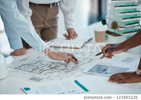 Architect, hands and planning building on paper for construction design or layout at the office. Group hand of employee in teamwork project plan for architecture working on model build or blueprint 123803226