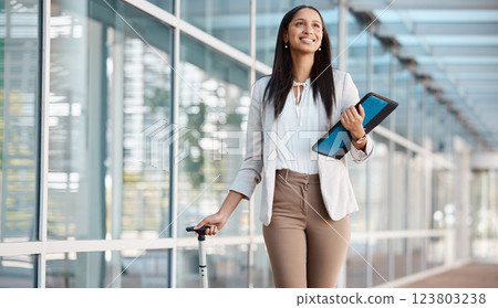 Business woman at the airport outdoor in the city with files for a professional work trip. Travel, happy and corporate manager from Brazil leaving for a flight for a company management career seminar 123803238