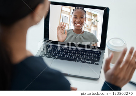 Laptop, video call screen and women meeting for global networking, collaboration or b2b client communication with hello. Zoom call, webinar or online live streaming people for international planning Laptop, video call screen and women meeting for global networking, collaboration or b2b client communication with hello. Zoom call, webinar or online live streaming people for international planning 123803270