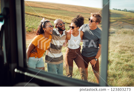 Happy, nature and friends on road trip adventure, holiday or vacation together in the countryside. Happiness, diversity and people laugh at comic joke on summer journey or safari walking and talking. 123803273
