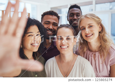 Networking, teamwork and selfie with business people in office for training, support and and project management. Mission, team building and communication with friends together for social media 123803274