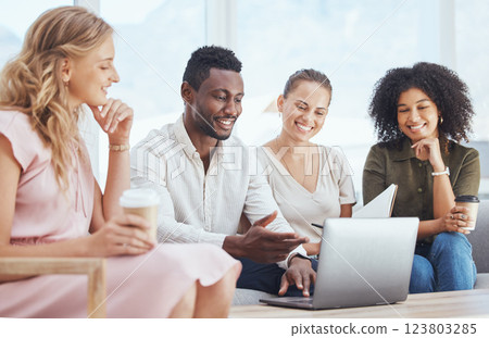Business people, laptop planning and working in modern office for collaboration, team meeting and creative strategy. Diversity group employees watching online marketing campaign in advertising agency Business people, laptop planning and working in modern office for collaboration, team meeting and creative strategy. Diversity group employees watching online marketing campaign in advertising agency 123803285