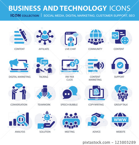 Business, data analytics, organization management icons. Social media, digital marketing, customer support and seo icon set. Vector icon collection 123803289