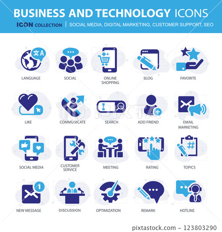 Business, data analytics, organization management icons. Social media, digital marketing, customer support and seo icon set. Vector icon collection 123803290