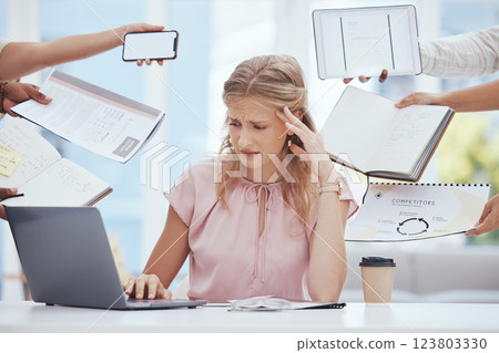 Businesswoman stress, anxiety and burnout in busy office of poor time management, tax audit and company crisis. Overworked, sad and frustrated worker struggle in challenge, problem and deadline worry 123803330