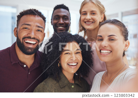 Happy, friends and portrait smile for selfie at the office for meeting or team building exercises together at work. Diverse group of creative people in happiness smiling for company friendship photo 123803342