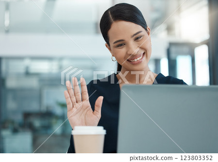 Business woman, waves on laptop video conference call during online staff meeting for office employees working from home. Corporate collaboration video call, 5g network and female ceo boss leadership Business woman, waves on laptop video conference call during online staff meeting for office employees working from home. Corporate collaboration video call, 5g network and female ceo boss leadership 123803352