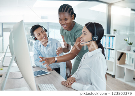 Call center, customer service worker and teamwork or training and coaching with manager on client call. Diversity, headset and computer to work, consulting and telemarketing, leadership and support 123803379