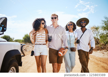 Travel, diversity and friends on a road trip for happy summer holidays, vacation and sunny caravan adventure as tourists. Smile, men and young women walking outdoors enjoying nature in Australia 123803389