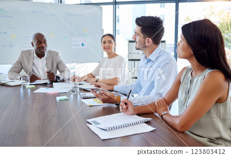 Teamwork, project management and planning with business people in meeting for collaboration, consulting and future goals. Review, mentor and marketing strategy with employee in office for networking 123803412