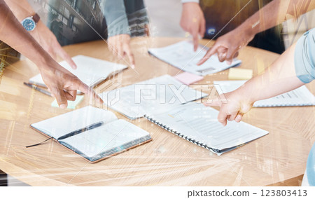 Strategy, planning and documents for meeting with overlay for marketing, project management or collaboration. Data, research and innovation with business people working on idea, teamwork and review 123803413