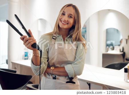Hairdresser woman, portrait with flat iron heat tools, retail barber shop boutique and hair care stylist ready for hair straightener treatment service. Happy beauty hair salon small business owner 123803418