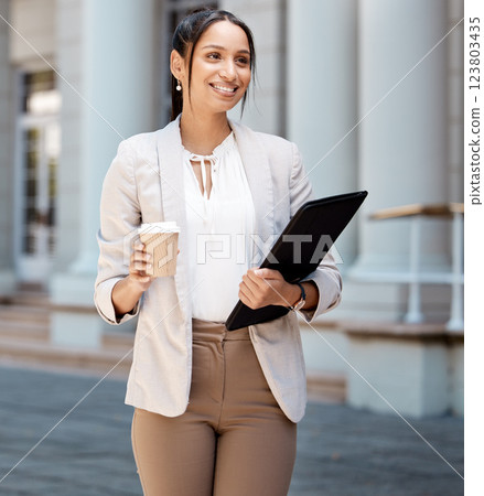 Thinking, coffee and business woman walking on a city street with smile, success mindset and motivation for company idea. Female happy with career vision, travel opportunity or job in New York Thinking, coffee and business woman walking on a city street with smile, success mindset and motivation for company idea. Female happy with career vision, travel opportunity or job in New York 123803435