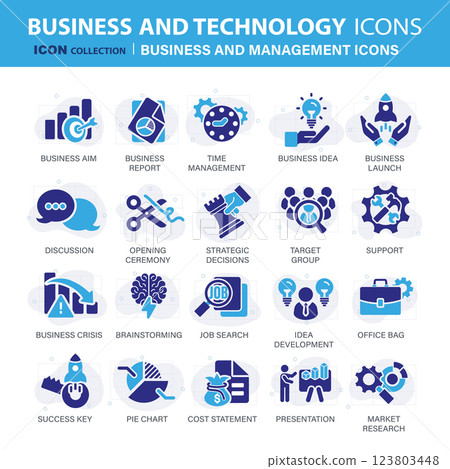 Business and marketing, management, find job, meeting, teamwork collection. Set of blue icons set. Flat vector illustration 123803448
