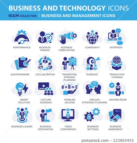 Business and management icon set. Icons for leadership, teamwork, job and work, statistics, analytics and advertising. Flat vector illustration. Blue icon for business collection 123803453
