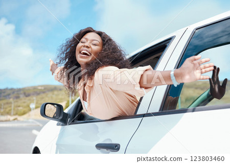 Freedom, travel and black woman in window of car for summer, relax and happy in road of countryside adventure. Journey, holiday and transportation with girl passenger on outdoor vacation road trip 123803460