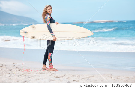 Woman, surfer and board by the ocean waves for sports exercise, hobby and swim in the summer outdoors. Portrait of a happy female standing on a beach in sport ready for surfing in South Africa Woman, surfer and board by the ocean waves for sports exercise, hobby and swim in the summer outdoors. Portrait of a happy female standing on a beach in sport ready for surfing in South Africa 123803468