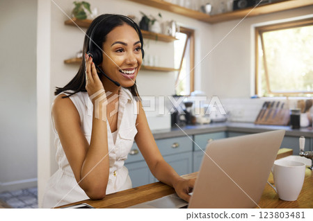 Remote call center, telemarketing or support crm worker who help clients, customer and smile. Woman on a laptop, with a headset and working as a customer service or contact us professional from home 123803481