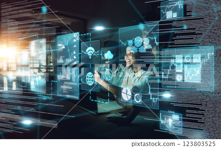 Digital transformation, black people and group networking on computer. Overlay, ai and business people on ui, technology or ux and futuristic big data, 5g network and social connection in dark office 123803525