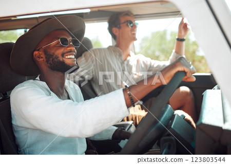 Travel, driving and road trip friends men in caravan for summer nature adventure, holiday or vacation journey. Diversity people drive together with sunglasses in a car or van transport in countryside 123803544