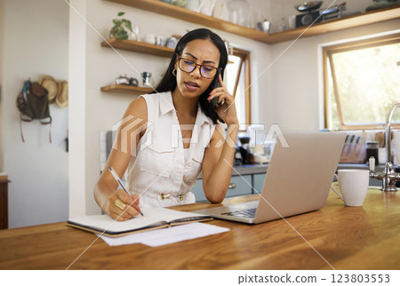 Business woman, professional and entrepreneur on phone call talking while working remote on laptop in home. Freelancer answering to chat, network and consulting while planning notes 123803553