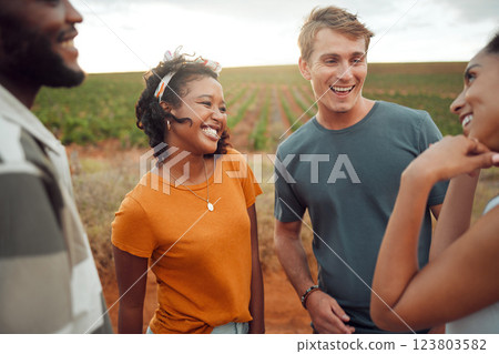 Communication, comic and friends talking in nature while on holiday together in summer. Group of young, happy and funny people speaking during travel, adventure and walk in countryside on vacation 123803582