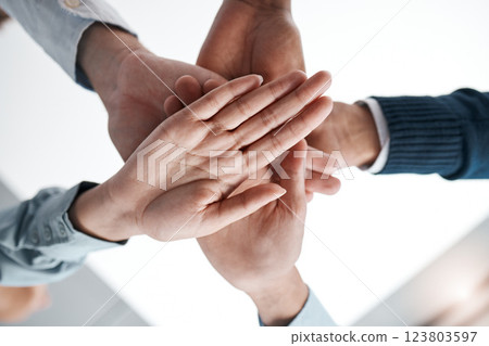 Teamwork, hands and collaboration in business people working together in the office. Diversity, partnership and team in corporate workspace with hand stack for support, motivation and success at work Teamwork, hands and collaboration in business people working together in the office. Diversity, partnership and team in corporate workspace with hand stack for support, motivation and success at work 123803597