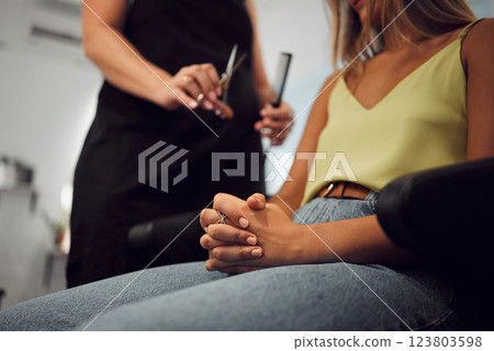 Woman, salon and hairdresser hands show anxiety to cut hair in shop. Girl, stylist and conversation about style, fashion or beauty to help customer, client or person make decision in Los Angeles 123803598