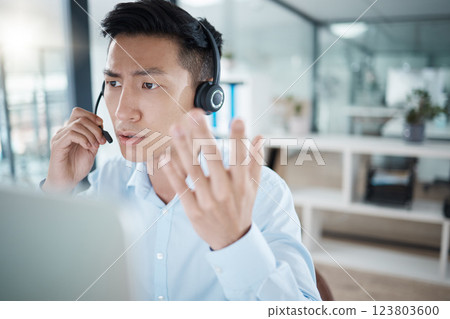 Call center stress, confused man and telemarketing agent anxiety, doubt and challenge angry customer service question, problem and crm contact. Frustrated, worried and fail business salesman crisis 123803600