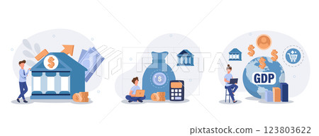 Public finance illustration set. Characters integrating with government institutions. Central bank, federal budget and GDP statistics concept. Vector illustration Public finance illustration set. Characters integrating with government institutions. Central bank, federal budget and GDP statistics concept. Vector illustration 123803622