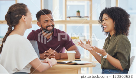 Diversity, team and discussion for work startup company, planning or strategy for business in cafe at table. .Brainstorming, teamwork and talk about creative collaboration in coffee shop or workplace 123803628