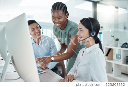 Crm, call center and computer with training, team and smile at office for learning with manager. Man, woman and diversity in education in customer service, help and support at agency in telemarketing 123803632
