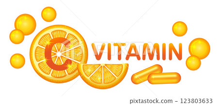 Vitamin C citrus medical pill capsule, pharmacy multivitamin medicine tablet. Chemical medicament with orange, lemon fruit. Healthy diet food supplement. Health care. Medication package sign. Vector Vitamin C citrus medical pill capsule, pharmacy multivitamin medicine tablet. Chemical medicament with orange, lemon fruit. Healthy diet food supplement. Health care. Medication package sign. Vector 123803633