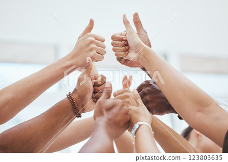 Thumbs up, together and hands do yes in closeup for group in agreement. Hand, goal and support for team, success and teamwork in zoom of fingers for diversity, happy and solidarity for startup goal Thumbs up, together and hands do yes in closeup for group in agreement. Hand, goal and support for team, success and teamwork in zoom of fingers for diversity, happy and solidarity for startup goal 123803635