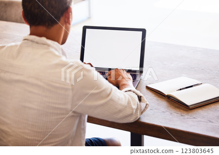 Laptop, mockup space and businessman doing research on the internet with technology in modern office. Corporate manager typing email, management project or company report on computer with copy space. Laptop, mockup space and businessman doing research on the internet with technology in modern office. Corporate manager typing email, management project or company report on computer with copy space. 123803645
